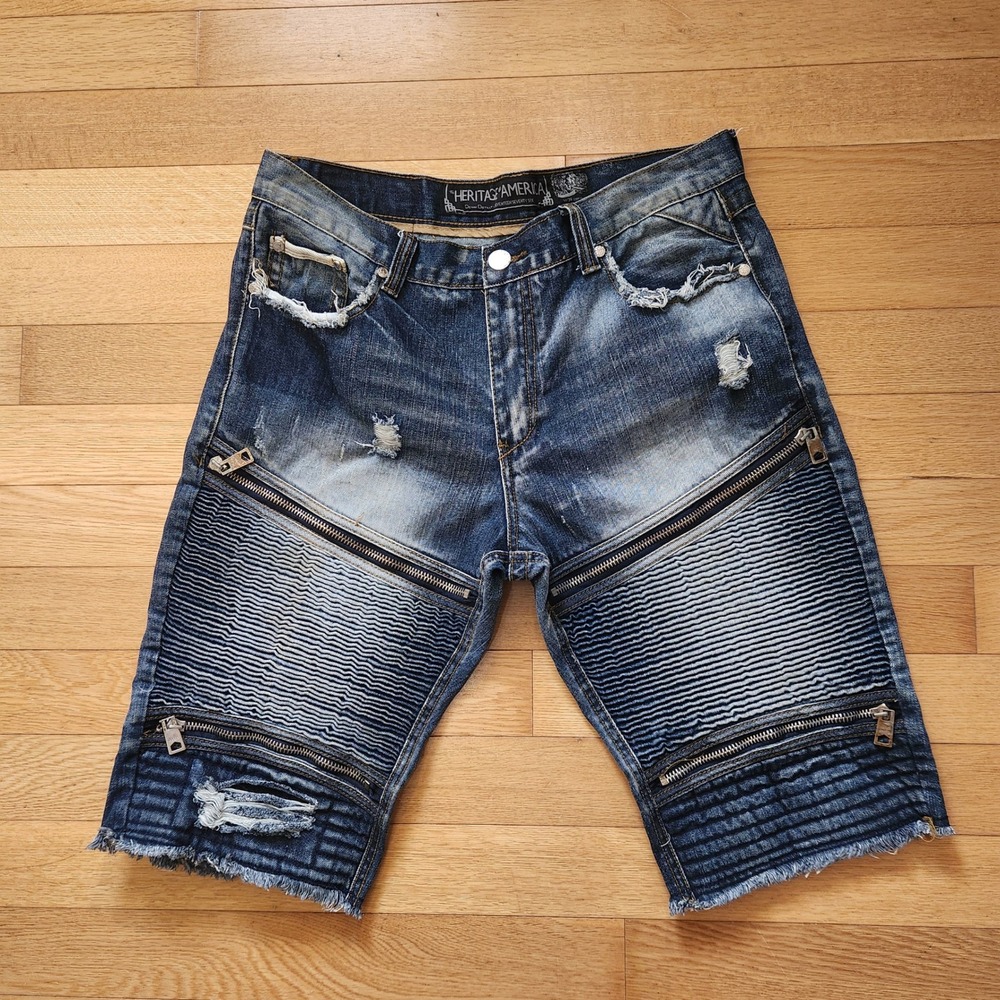 Heritage America Mens Moto Denim Shorts‎ Blue Distressed Zipper Ribbed W36
